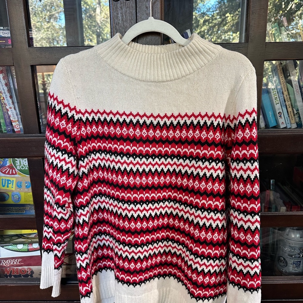 Talbots Red and Cream Patterned Mockneck Sweater